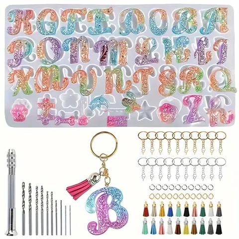 LEQU DIY 26 Letter Silicone Keychain Mold Set - 1 Letter & Ornament Resin Molds, 10 Ornaments Patterns, 2 Sizes of Drill Bits, 20 Key Rings, Tassels for Novice Crafters, Handmade Gifts, DIY Beading Accessories (Smooth Demold)