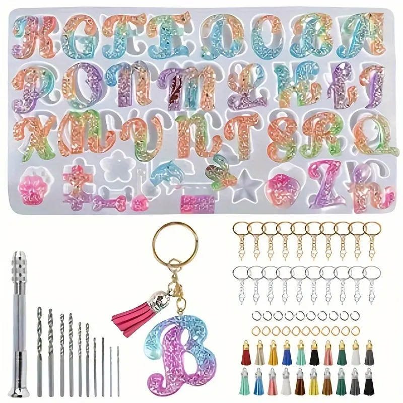 LEQU DIY Letter Keychain Silicone Mold Set - Drill, Resin Molds, Key Chain Tassel for Novice Handmade Gifts, DIY Beading & Jewelry Pendant Decoration Production, Diy Beading Accessories