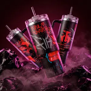 Popular Monster Album Falling in Reverse 40 oz Vacuum Insulated Tumbler with Handle Straw Red Black Horror Face Graphic Keeps Drinks Hot/Cold 12H+ 18/8 Stainless Steel Travel Mug for Rock Fans Metalheads Dark Aesthetic Merch Gift