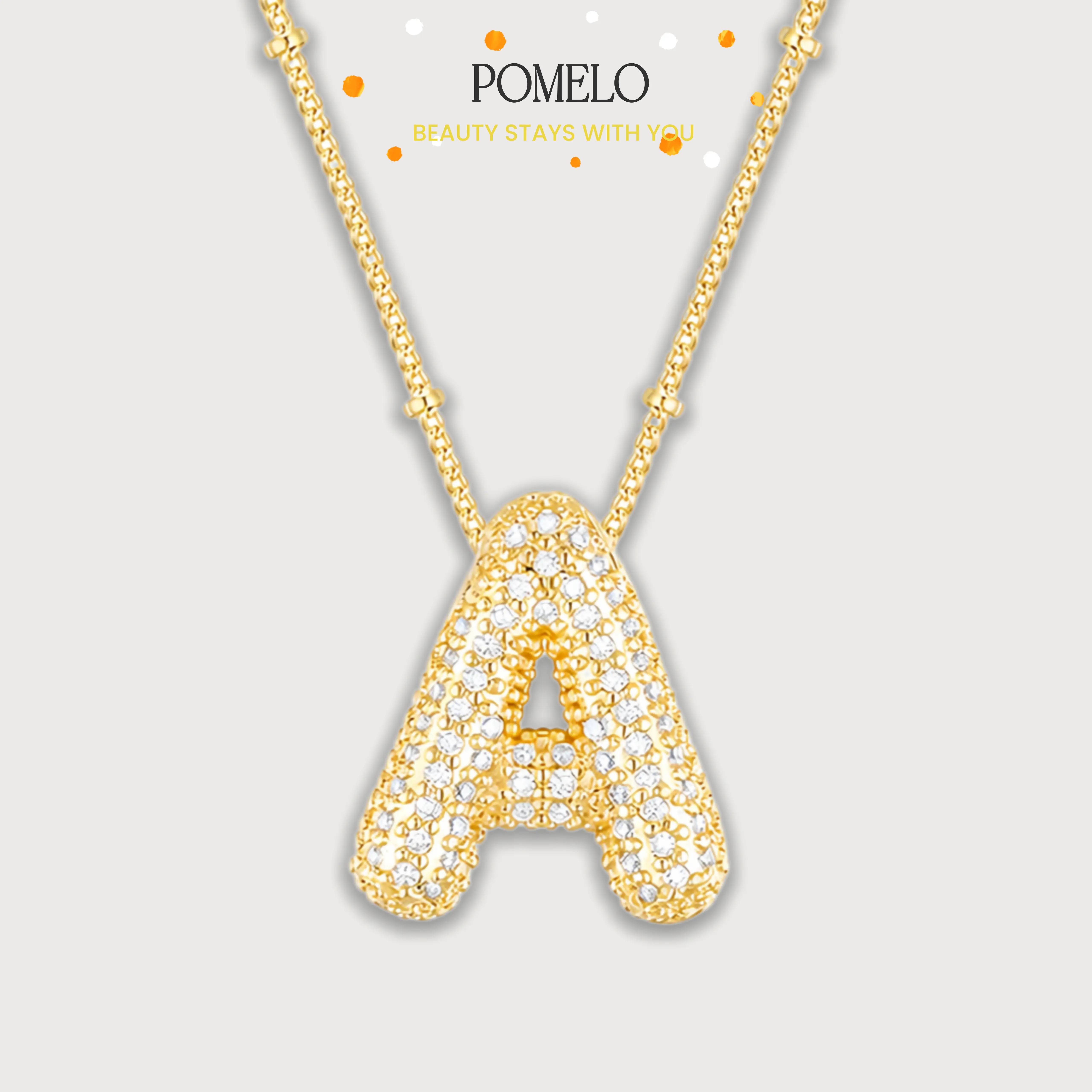 POMELO A‑Z pavé cubic zirconia bubble initial pendant necklace, women’s fashion letter necklace, medical‑grade stainless steel, waterproof, gold/silver plated, gold, silver & leopard styles, adjustable link chain, ideal gift choice