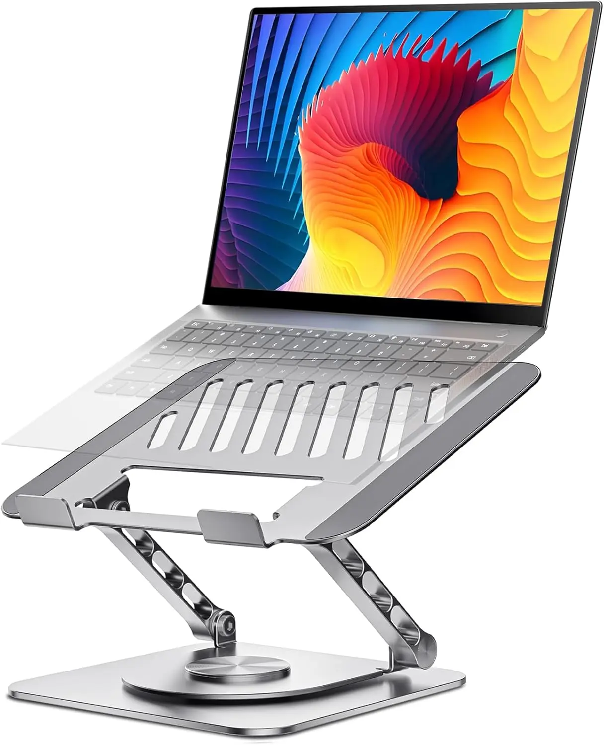 Laptop riser — all-metal ergonomic laptop stand and height riser for laptops, 360° rotatable, adjustable, and foldable; suitable for laptops (10–17.3 inches), gray, portable for remote work.