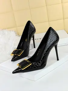 Luxurious Crocodile Pattern Stiletto Heels, Square Buckle Pointed Toe Shoes, Comfortable Commute & Party Wear