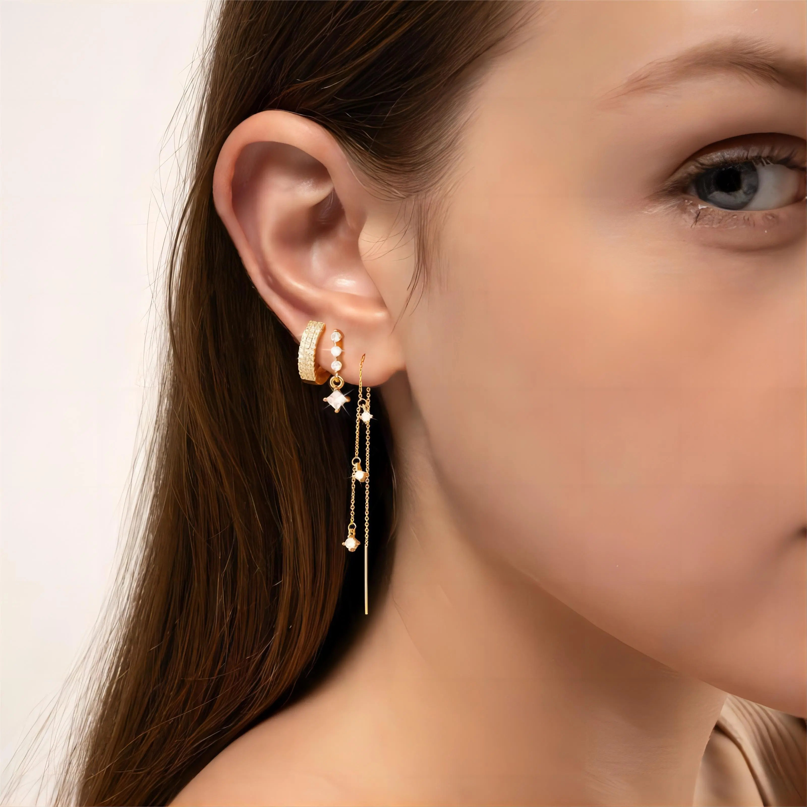 TEWIKY Women's Elegant Gold Aesthetic Earring Stack Jewelry Stack - 3/4-Pair Dangling Cubic Zirconia Stud Hoops, Hypoallergenic, Lead-Nickel Free, Waterproof, Lightweight, Gift-Ready for Daily, Party Use (Bling Effect, Bedazzling Style)