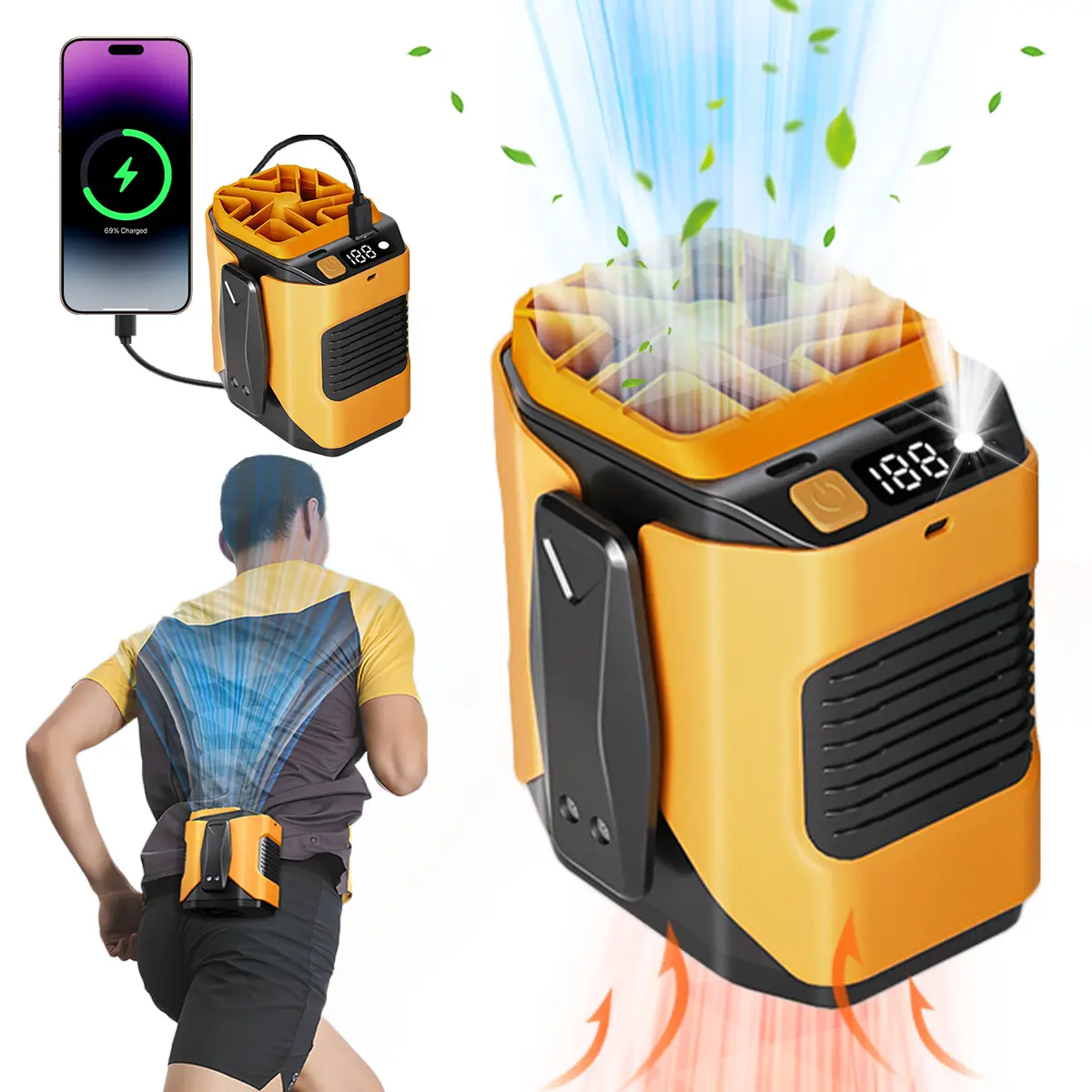 Portable Fan with 10-Speed Settings, Dual-Sided Clip on Wearable Belt Waist Fan for 8000mAh, Long Battery including Flashlight,Travel Essential for Outdoor Camping as Power Bank