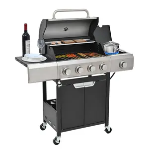 Spaco 4-Burner 10,500 BTU Propane Gas Grill – Stainless Steel Outdoor BBQ Grill with Side Burner & Cover, for Camping, Patios & Backyard Cooking