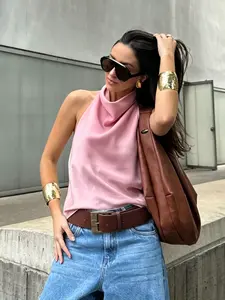 Women's Summer Casual Tank Top, Silk-Like Texture Halter Neck, Sleeveless Backless Vest, Plain Color, Fashionable Daily Wear