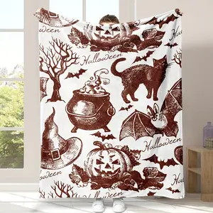 Halloween Hand-painted Reiki Cat Pumpkin Bat Graffiti Print Blanket Super Soft Comfortable Flannel Throw Blanket Office Nap Blanket Home Travel Camping Multi-purpose Blanket