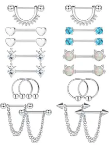 9 Pairs Nipple Rings for Women 14G Stainless Steel CZ Opal Hoops Nipple Rings with Chain Rose Silver Tone Heart Nipple Piercing Jewelry