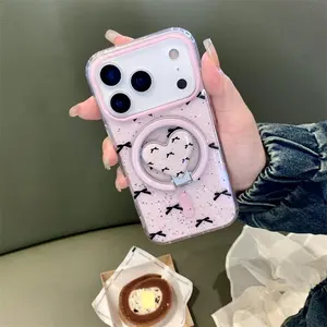 Korean Cute Bowknot Glitter Magnetic Phone Case For iPhone 17 Pro 14 15 16 Pro Max Cases with Magsafe Stand Cover Kawaii Funda