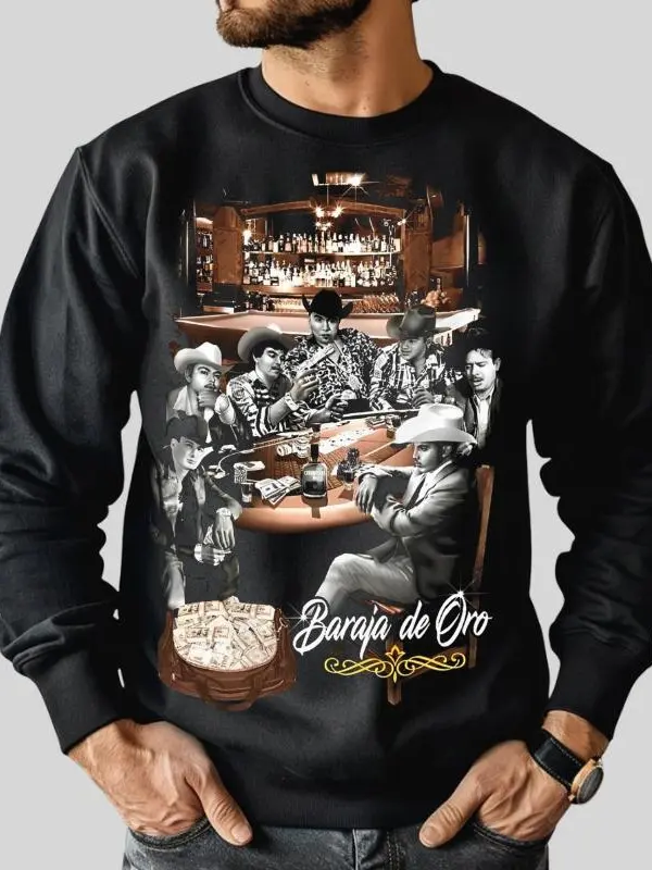 Men's 100% Cotton Fitted Long-Sleeve Hoodie - Retro Vintage Basics, Digital Print Round Neck Garment, Chicano Streetwear Inspired by Mexican Norteño Cowboy Corrido Baraja De Oro Bandidos, Menswear Tops, 100% Cotton Men's Sweatshirts, Check Size Chart, Gar
