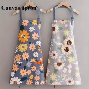 Women's Linen Blend Apron - Oil & Wear Resistant, Breathable with Elastic Waistband & Pockets, Plus Size Floral Design for Cooking, Baking, Crafting Purple
