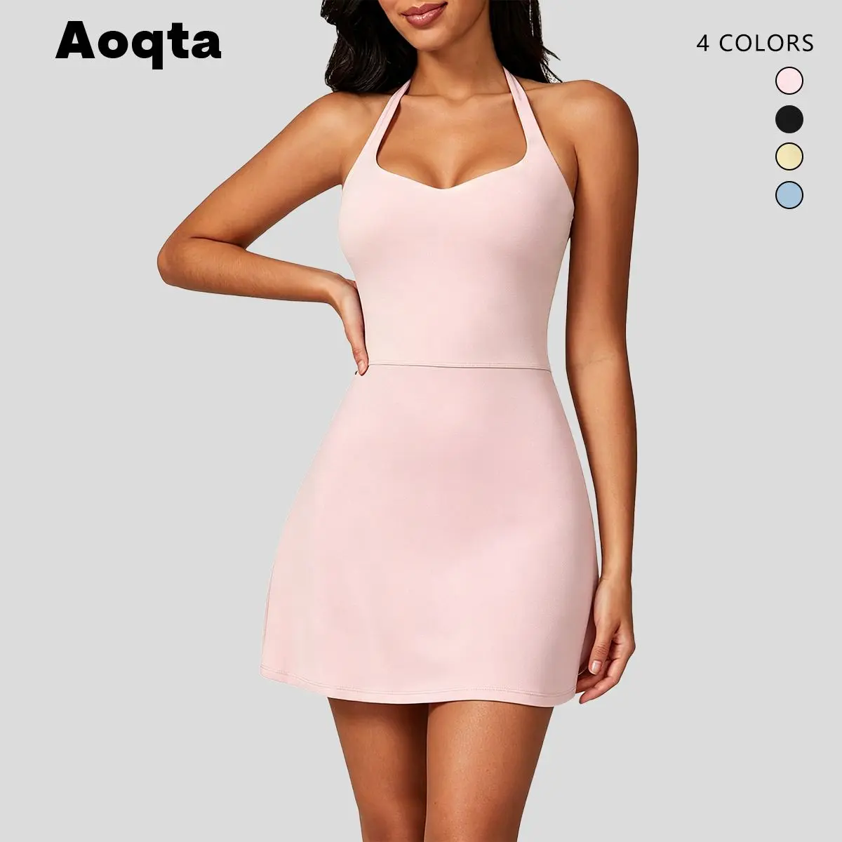 Aoqta Women's Halter Workout Dress, Sleeveless Stretch Tennis Dress, Athletic Mini Dress for Yoga, Golf, Training & Everyday Wear