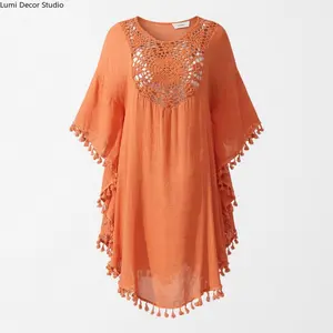 Crochet Swimsuit Cover Up for Women, Boho Flowy Beach Dress with Tassel Trim, Oversized Kaftan for Summer Vacation