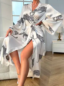 Plus Size Women's Leopard Print Belted Satin Bathrobe, Sexy Elegant Aesthetic Fashion Long Sleeve Kimono Sleeve V Neck Dressing Gown, Womenswear, Women's Sleepwear & Loungewear for All Seasons