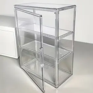 3-layer transparent acrylic display cabinet with magnetic doors and adjustable shelves - transparent desktop storage box - storage rack, durable and lightweight storage solution, collectibles display box, modern aesthetics, stylish design