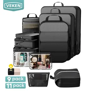 【Veken】9/11 Set Compression Packing Cubes for Travel Essentials,Compressible Expandable Large Luggage Suitcase Organizer Bags for Clothing,Durable Space Saver Storage Bags with Toiletry Bags