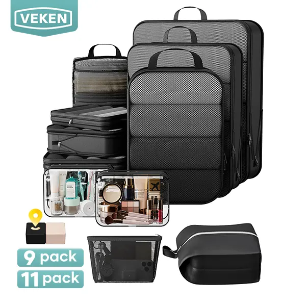 【Veken】9/11 Set Compression Packing Cubes for Travel Essentials,Compressible Expandable Large Luggage Suitcase Organizer Bags for Clothing,Durable Space Saver Storage Bags with Toiletry Bags