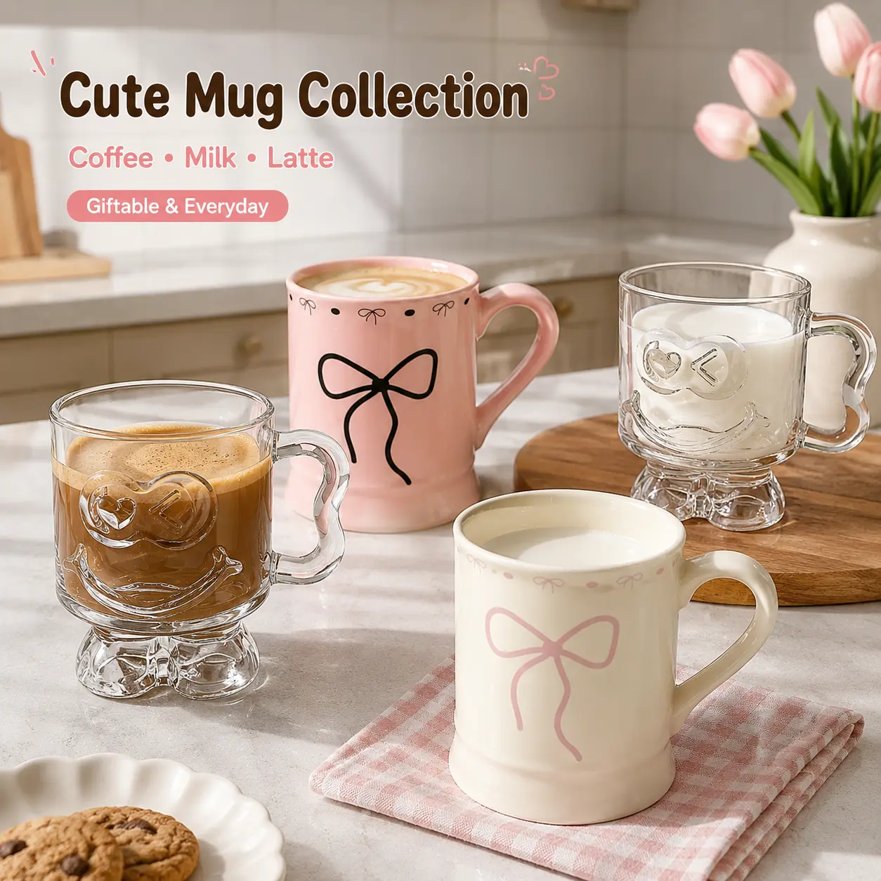 11.7oz Cute Smiley Face Glass Mug - Stemmed Coffee Cup with Handle, Crystal Clear TikTok Viral Aesthetic Drinkware, Smile Glass Mug for Iced Latte, 2-Pack Option, Trending Couple Day Gift Idea