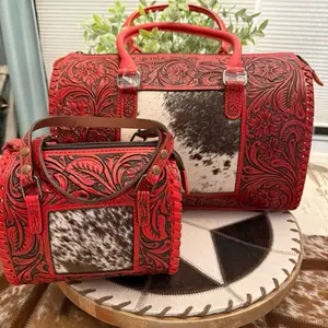Red tooled leather cowhide speedy handbag