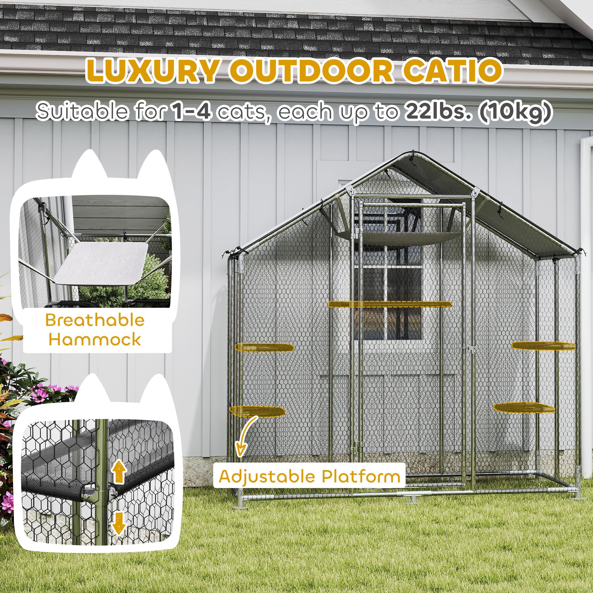 Large Catio Outdoor Cat Enclosure, Galvanized Steel Walk-in Cat Patio for Multiple Kittens, Outdoor Kitty Cage with Waterproof Cover, 5 Adjustable Platforms, Hammock, Chicken Coop Pointed Roof