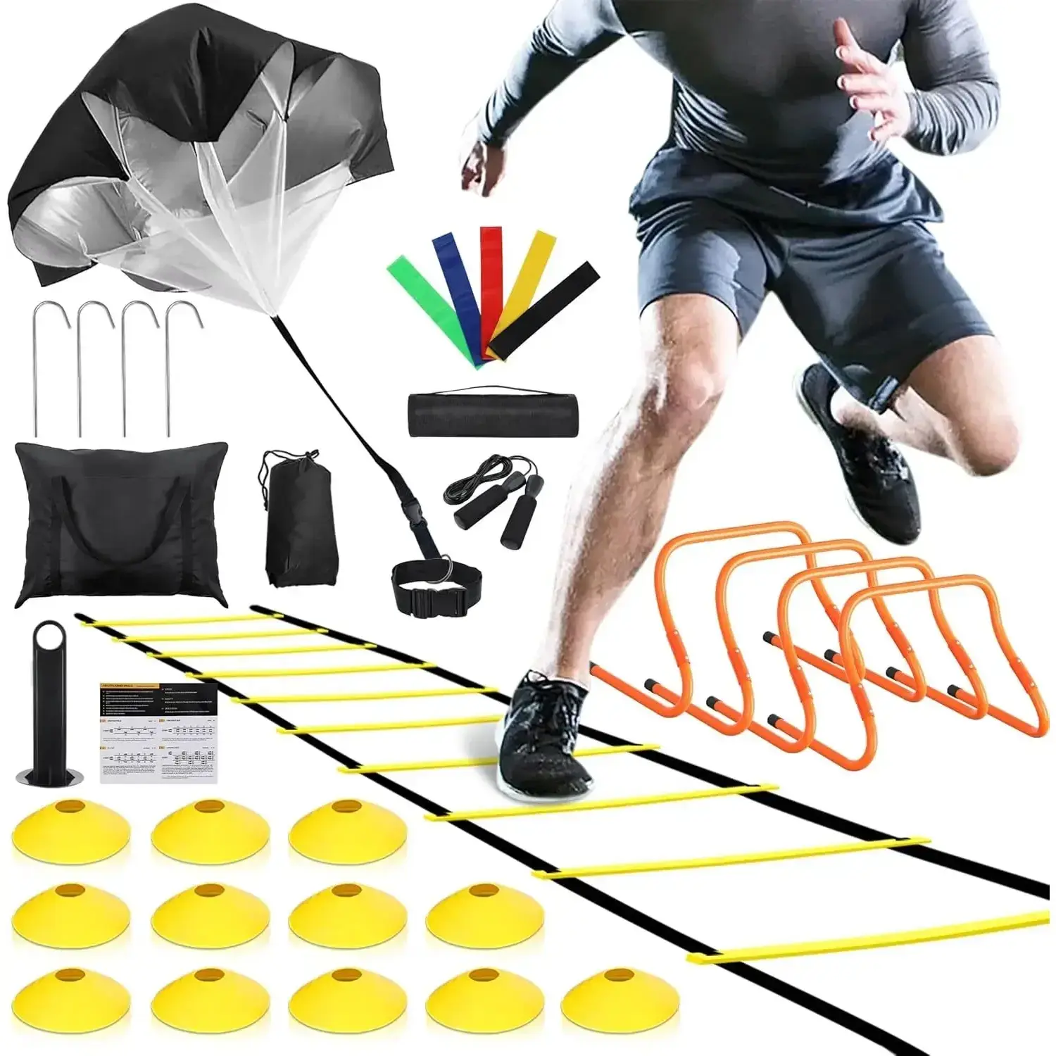Speed and Agility Training Set for Kids & Adults - Portable Complete Kit for Football Workouts with 20 ft 12-Rung Ladder, 4 Adjustable Hurdles, 12 Cones, Resistance Parachute, Jump Rope, 4 Resistance Bands & Carrying Bag, Coaches, Athletes, 20 Ft 12 Rungs