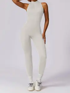 Women's sleeveless zipper dance jumpsuit, solid color nude quick drying, hollowed out beautiful back design, supports high-intensity exercise, very suitable for yoga gym exercise, ladies' fashionable and simple outfit Fitness Activewear