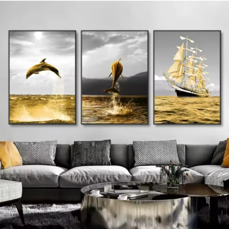 3pcs Boat Jumping Dolphin Wall Art Canvas Prints, Modern Sea Landscape Living Room Decor, Home Decoration for Bedroom