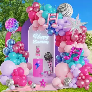 152 PCS Music Balloon Garland Kit with Pink, Purple & Aqua Balloons and Music Note Disco Foil