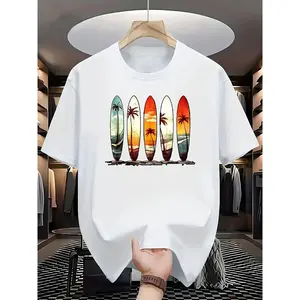 100% Cotton Retro Surf T-Shirt with 5-Panel Vertical Surfboard & Tropical Beach Scenes - Hawaiian Palm Tree Sunset Print, Short Sleeve Casual Summer Shirt for Surfing, Beachwear, Vacation Outfits (Machine Washable)