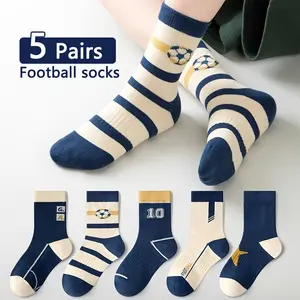 New5pcs Boys' Striped Soccer Crew Socks - Breathable, Comfort Fit for All Seasons