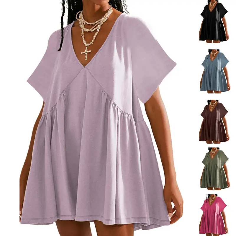 SCUSTY Women's Casual Summer Mini Sundress Loose V-Neck Short Sleeve Flowy T-shirt Dress Vacation Outfit