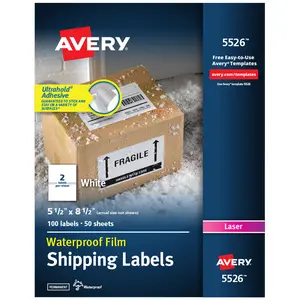 Avery Durable Waterproof Shipping Labels with Sure Feed Technology, 5.5" x 8.5", White, Laser Compatible, 100 Blank Labels Total (5526)
