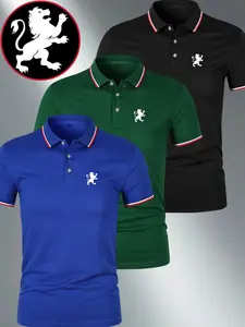 Men's Lion Print Three-Piece Casual Sports Fashion Polo Shirt, Breathable Moisture-Wicking Fabric, Classic Button Design, Summer Essential, Athleisure Style