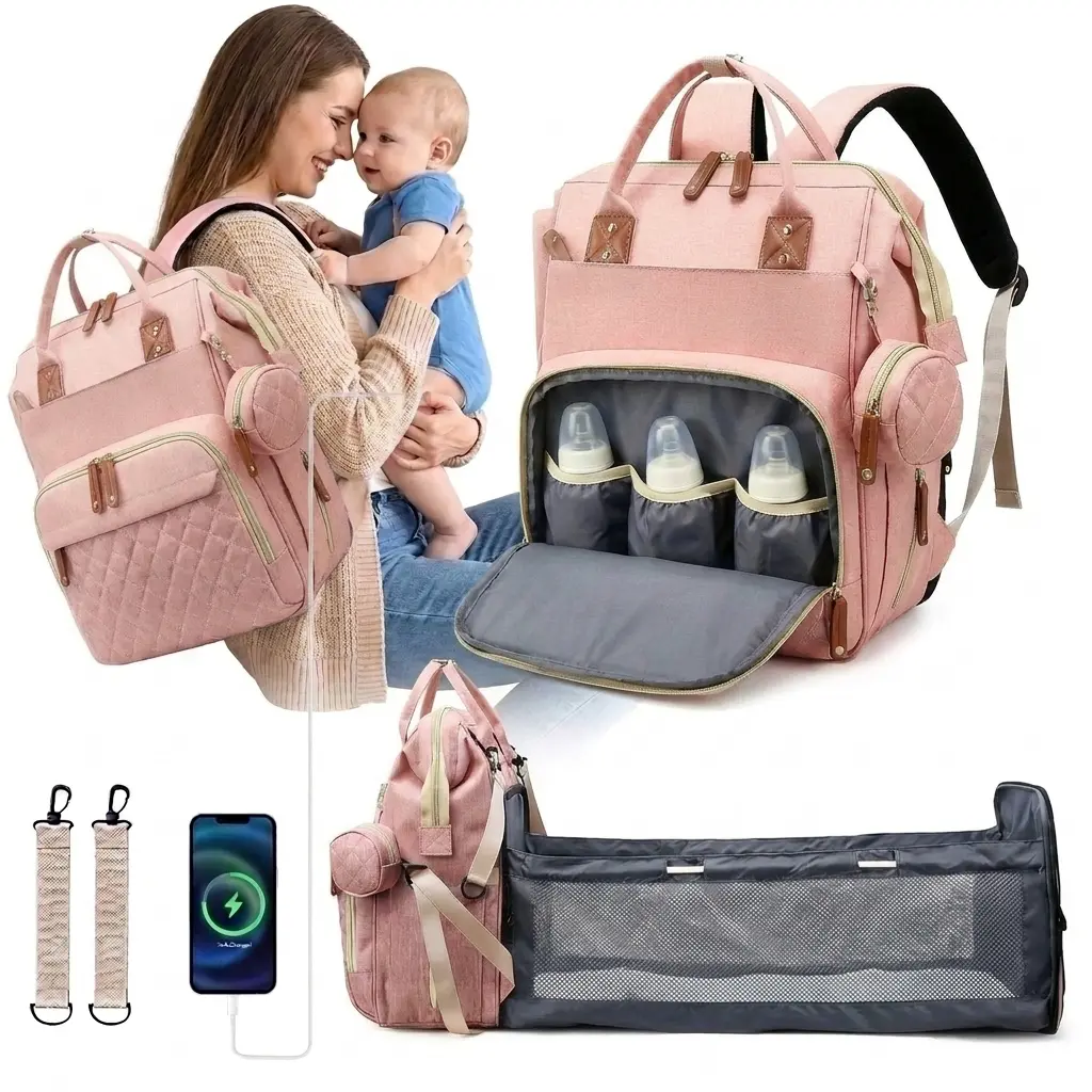 3-in-1 Diaper Bags with Built-in Bassinet & USB Charging Port. Extra Large Waterproof Baby Backpack for Travel, Includes Insulated Bottle Pockets & Wet Pocket.