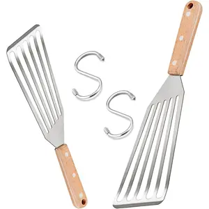 Fish Spatula Set of 2,  Stainless Steel Slotted Spatula Turner with Riveted Wooden Handle, Professional Metal Spatulas  for Kitchen Cooking Flipping Frying & Grilling, 2 x Hooks