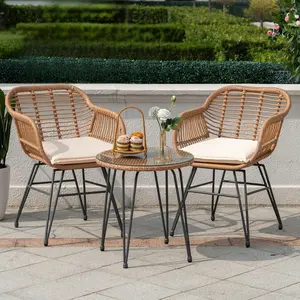 3 Piece Outdoor Wicker Furniture Patio Bistro Set, Balcony Furniture Rattan Conversation SetsOutdoor Patio Chairs Set for Porch Poolside Garden, Beige