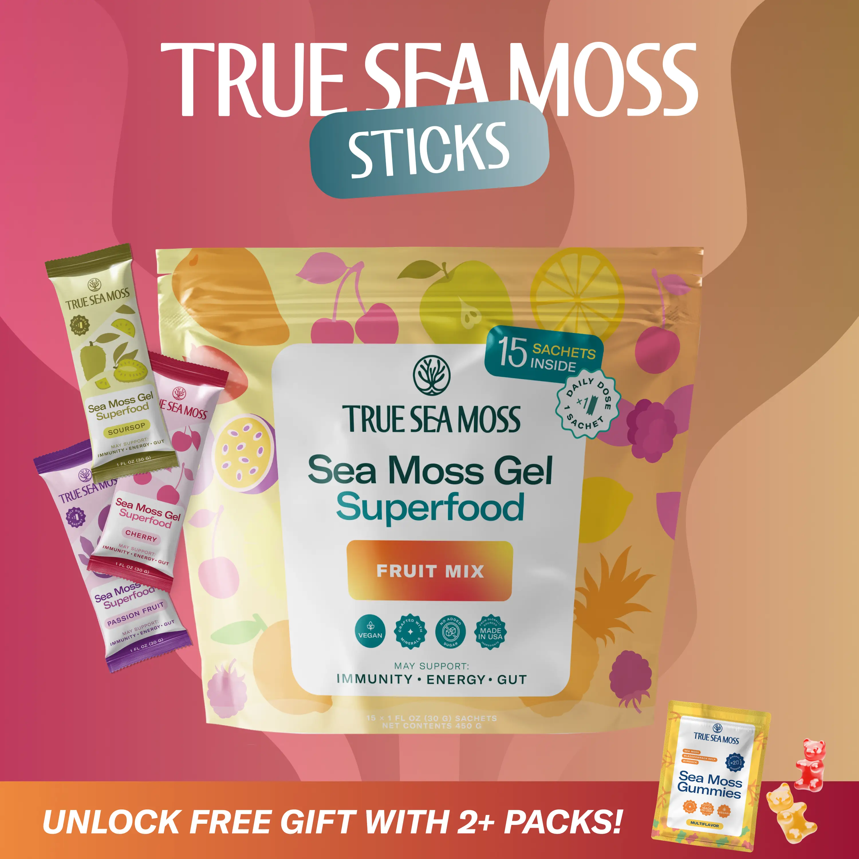 TrueSeaMoss Sea Moss Gel Sticks Fruit Mix – Rich in Minerals & Vitamins – suppor...