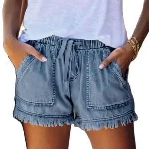 Women’s Washed Denim Shorts, Casual Drawstring Elastic Waist Frayed Hem Loose Short Jeans(Sheet)