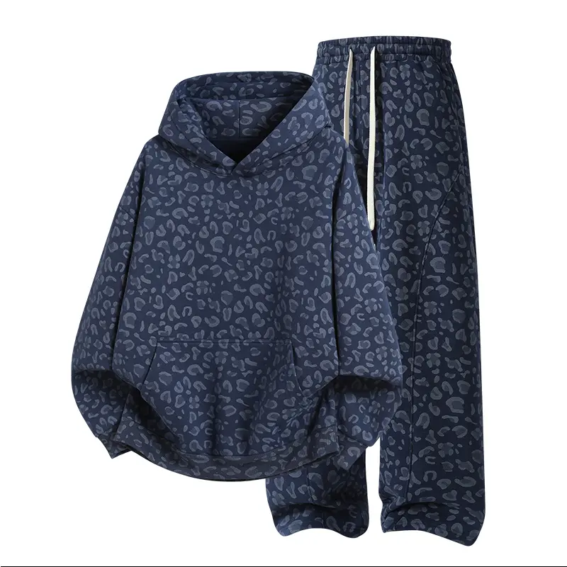 Unisex Cotton 2-Piece All-Over Leopard Print Streetwear Set - Loose-Fit Hoodie & Wide-Leg Pants, Casual Unboxing Gift, Multiple Colors