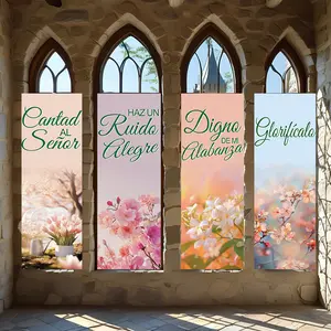 4 Pcs Religious Banners, Polyester Material Spring Floral Religious Vertical Banner Inspirational Spanish Worship Slogan Print Suitable for Church Prayer Meeting and Home Living Room Bedroom Religious Scene Wall Decoration Hanging Flag