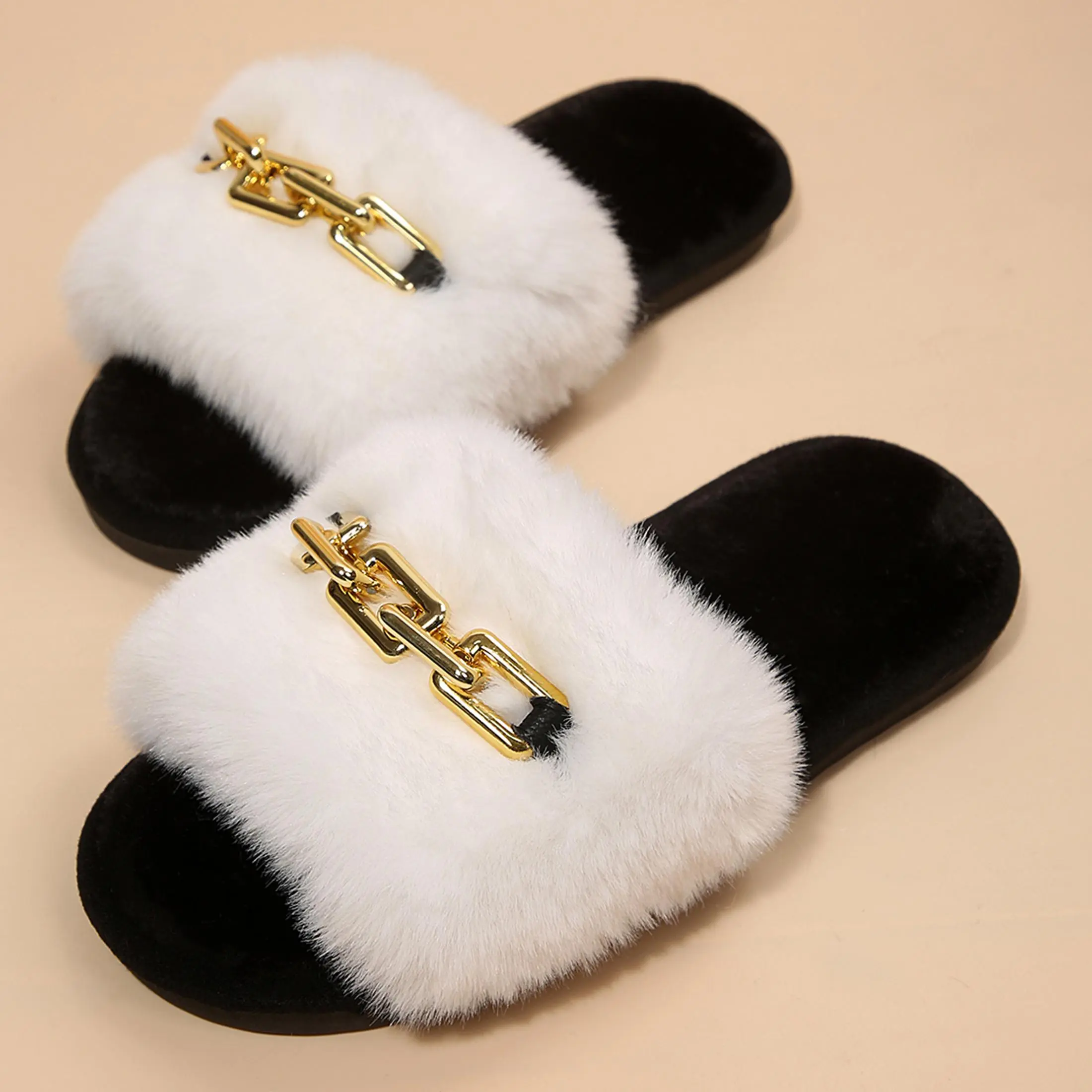 Women's Gold Chain Faux Furry Slippers Open Toe Soft Indoor Home Slides