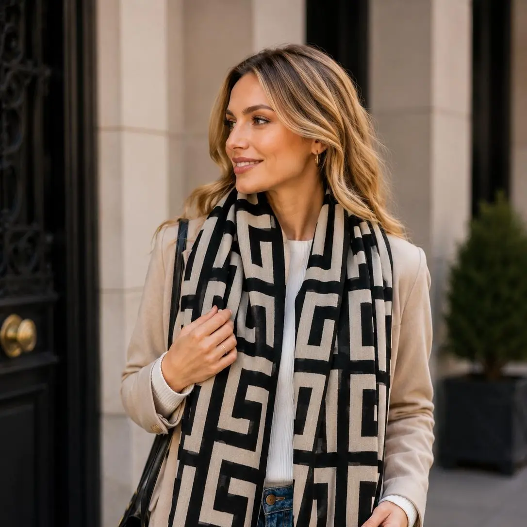 Scarf for Women, Minimalist Geometric Print Cotton Linen Shawl, Large All Seasons Wrap for Travel & Matching Outfits, Lightweight Airplane Blanket, Office Outfits Women, Color Block, Wide Shawl, Large Size, Breathable, Beach, Casual, Daily, Fade-Resistant