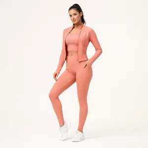 CoreFlex 3-Piece Workout Set - Coral Pink High-Waisted Leggings, Long Sleeve Crop Top, & Jacket for Women