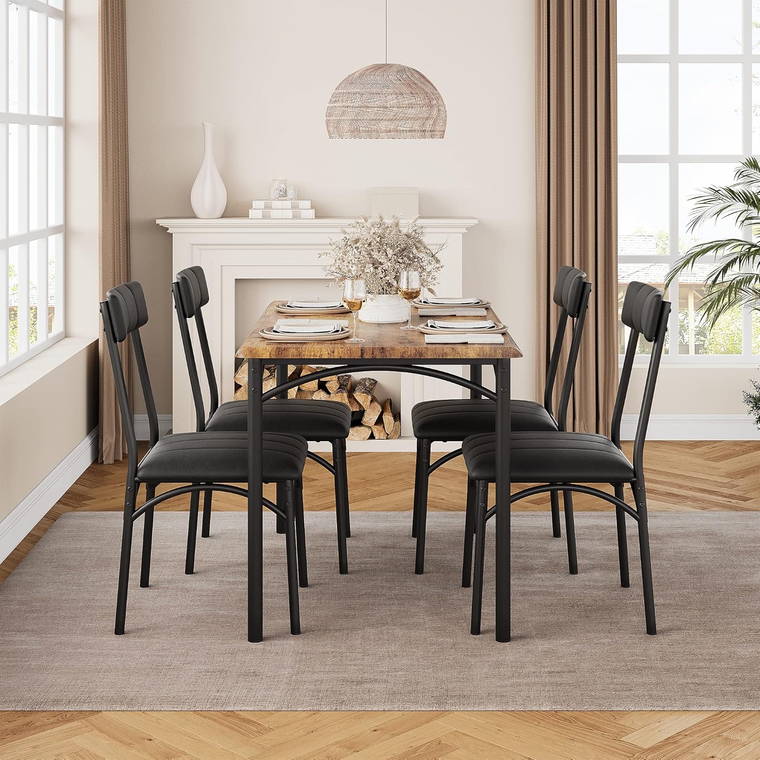 5-Piece Dining Table Set for 4, Modern Farmhouse Kitchen Table with 4 Upholstered Chairs, Space-Saving Dinette for Small Dining Room, Apartment, Breakfast Nook