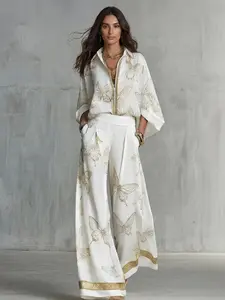 LikeMyChoice 2026 Butterfly Print Women's 2-Piece Silk Set, Elegant Vacation Outfit with Shirt & Wide Leg Pants, Womenswear Suits
