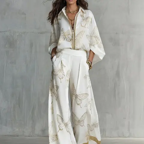 LikeMyChoice 2026 Butterfly Print Women's 2-Piece Set Elegant Vacation Outfit with Shirt & Wide Leg Pants Womenswear Suits