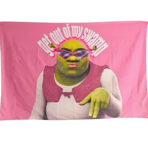 Funny Shrek Pink Tapestry 3x5 Get Out Of My Swamp Meme Tapestry Wall Hanging Dorm Backdrop Home Decor for Bedroom Living Room Decorative Landscape Table