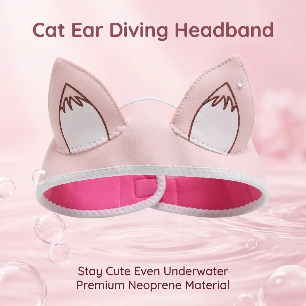 Adjustable 3-4MM Neoprene Diving Headband, Pink Cat Ears Cartoon Style, Anti-Slip Scuba Hair Band for Freediving, Snorkeling, Maintains Hair Style, Keeps Ears Warm