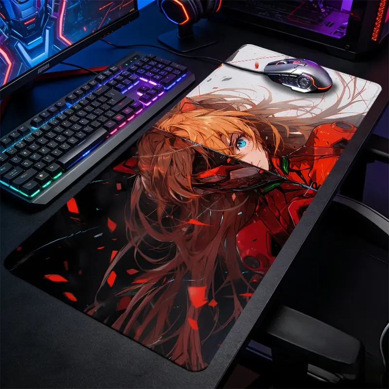 1pc Anime Girl Red Mecha Art Large Gaming Mouse Pad, Neon Genesis Evangelion Style Fan Art Extended Desk Mat,Office Desk Accessories Non-Slip Stitched Edge Computer Mat ,Rubber Base Laptop Keyboard Pad for Home Office & Gamer,Durable and Spill-Resistant