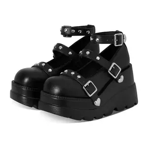 BlackFriday Women's Gothic Platform Mary Jane Cute Bow Gothic Pumps Adjustable Studded Ankle Strap Round Toe Wedge Lolita Shoes Uniform Party Dress Shoes spring summer autumn